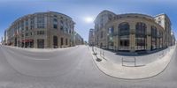 an image of a camera lens panorama with buildings in the background taken through the fisheye lens