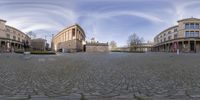 a reflection image of three buildings in the center of a street from a fisheye lens