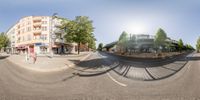 there is a fish eye lens image of this townscape, and it's the view of buildings