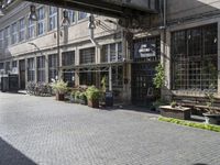 an old, open brick - lined street in front of building with several empty benches