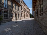 an empty bricked sidewalk between two tall buildings with trees on the side of them