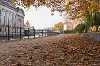 an alley lined with leaves leading to buildings and bridge over water next to it in the autumn