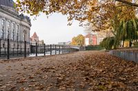 an alley lined with leaves leading to buildings and bridge over water next to it in the autumn