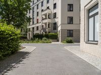 a brick road between two buildings and bushes in front of it and a blue sky with some clouds