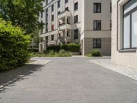 a brick road between two buildings and bushes in front of it and a blue sky with some clouds