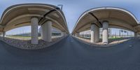 two large circular images of an underpass bridge and another picture taken with fish eye lens