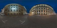 two shots of different buildings, one at night and one at night, are shown in panoramas