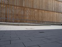skateboarders in front of a modern building with large wood screens on the outside of it