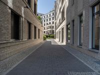 a narrow cobbled street between two buildings, with one person in a wheelchair walking down the middle