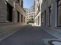 a narrow cobbled street between two buildings, with one person in a wheelchair walking down the middle