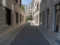 a narrow cobbled street between two buildings, with one person in a wheelchair walking down the middle