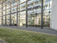 the building has glass walls and a sidewalk with green grass in it outside of it