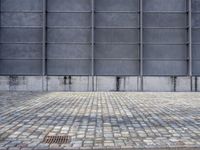 a fire hydrant is on the cement side of a building with steel grates