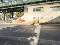 a shadow of a person on the sidewalk next to a building with a bridge above it