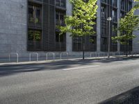 a building along a street lined with a fence in the center of it and a small tree lining the sidewalk