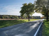 two children riding a bicycle on a paved road next to green grass and trees under blue skies