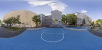 three different shots of a basketball court with graffiti on the wall and tree lined street