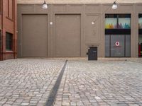 a paved, brick street lined with shops with brown doors and signs on the wall