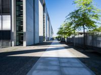 the picture is of a long sidewalk outside of a building, looking blurry at one end