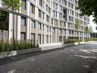 a very nice sidewalk leading to a tall building with many windows and some bushes around