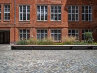 several plants sit in decorative concrete planters along the sidewalk of a building that is very modern