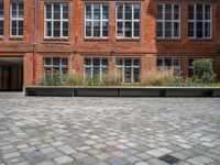 several plants sit in decorative concrete planters along the sidewalk of a building that is very modern