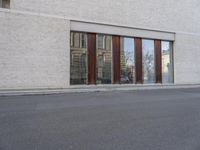 this is an image of a building with many windows and doors as well as a dog that is standing in the road