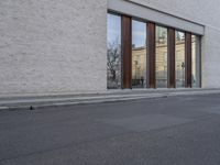 this is an image of a building with many windows and doors as well as a dog that is standing in the road