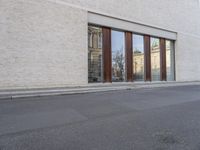 this is an image of a building with many windows and doors as well as a dog that is standing in the road