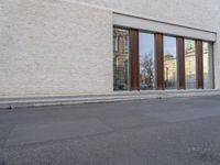 this is an image of a building with many windows and doors as well as a dog that is standing in the road