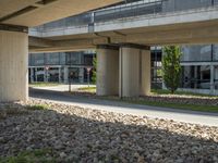 a view underneath an overpass and a sidewalk in front of it with flowers on the ground