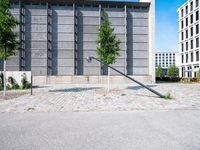 two trees growing in front of an empty building with stone and brick paving on the ground