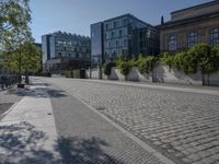 the stone path has been built along the side of the street and is lined with buildings