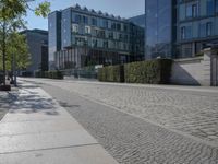 the stone path has been built along the side of the street and is lined with buildings
