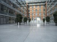 the lobby area of an office building has potted trees inside of it and a walkway leading to it