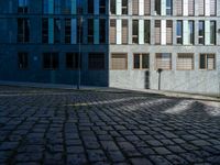 a street view with a brick surface between some buildings and green grass in the foreground