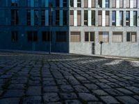 a street view with a brick surface between some buildings and green grass in the foreground