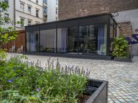 an empty parking lot with plants in the ground and on the side of the building, there is an enclosed area and windows