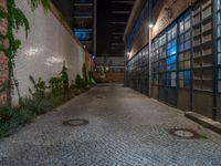 some dark blue windows in an industrial building with no one on the street to the right