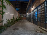 some dark blue windows in an industrial building with no one on the street to the right