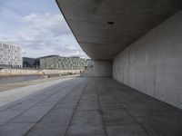 empty walkway with a sky background and building across from it with buildings on the sides