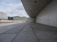 empty walkway with a sky background and building across from it with buildings on the sides