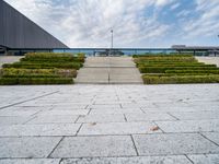 a view of the back steps of a building with shrubs on both sides and two fountains in the background