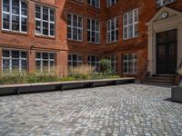 several plants sit in decorative concrete planters along the sidewalk of a building that is very modern