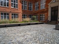 several plants sit in decorative concrete planters along the sidewalk of a building that is very modern