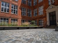 several plants sit in decorative concrete planters along the sidewalk of a building that is very modern