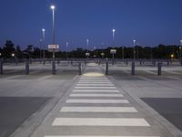 empty parking lot with street lights and poles at dusk, in background are trees and a blue sky
