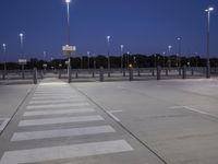 empty parking lot with street lights and poles at dusk, in background are trees and a blue sky