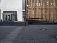 a man skateboards on the side of an empty sidewalk next to a bamboo wall