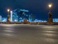 this picture shows a night time view of a city street and lights on the bridge